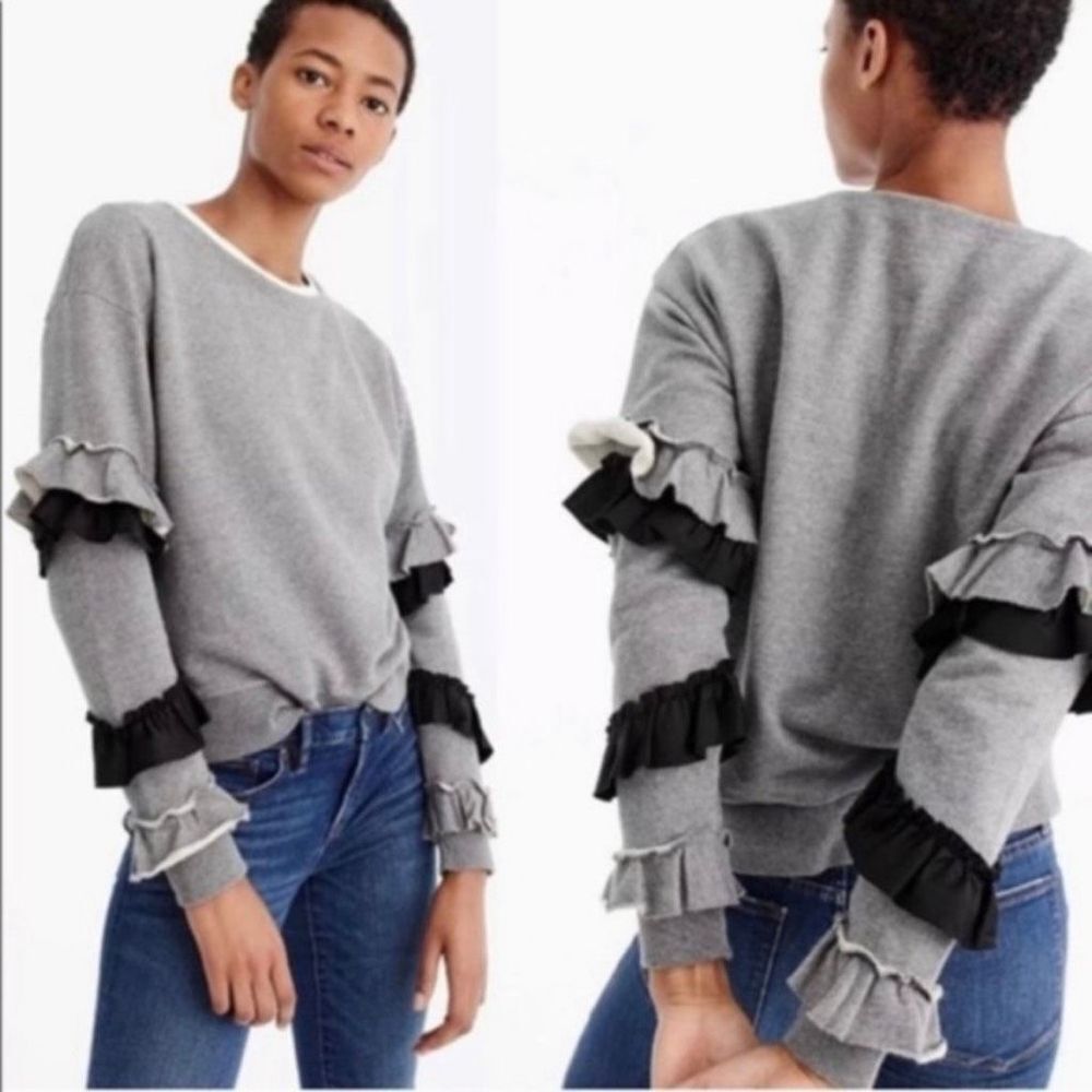 J. Crew ruffle sleeve pullover sweatshirt gray black medium crew neck